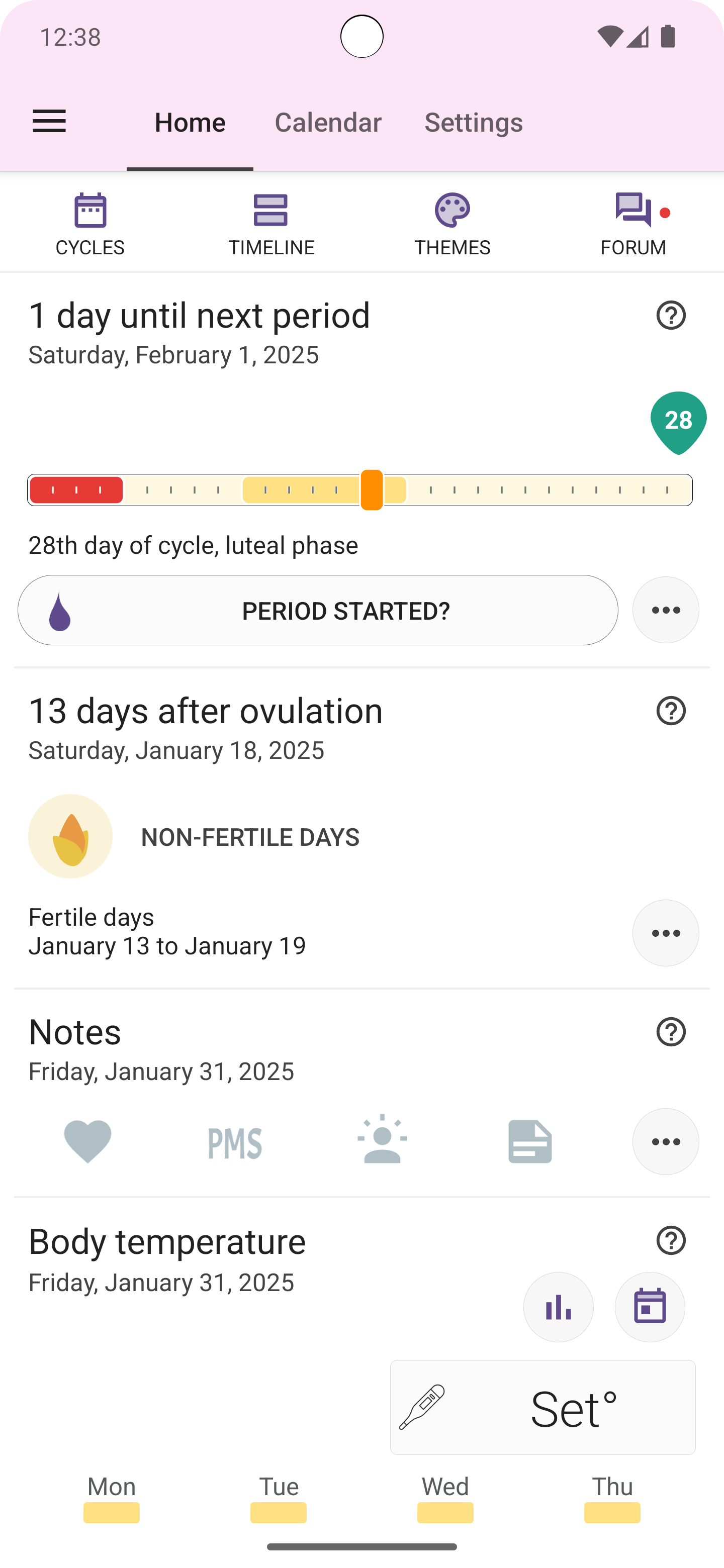 Lilly Tracker app home screen showing period and ovulation cards