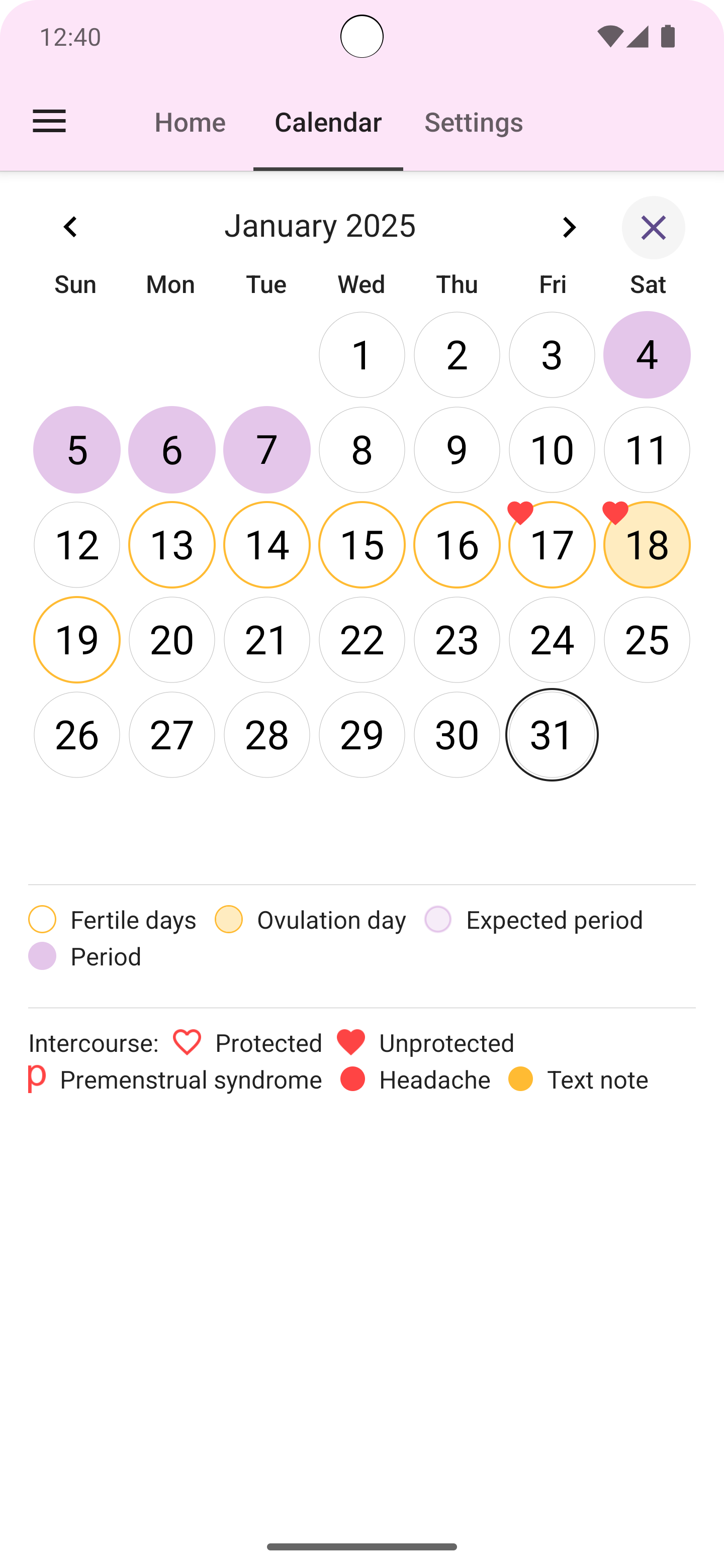 Lilly Tracker app calendar and cycle data view